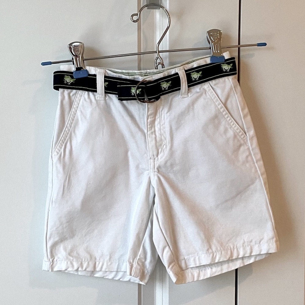 Janie and Jack white shorts with navy frog belt
